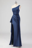 Elegant marin satin en axel formell klänning med slits
