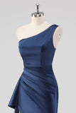 Elegant marin satin en axel formell klänning med slits