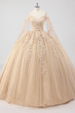 Prinsessa Champagne Off The Shoulder Cape Ärmar Tyll Quinceanera Klänning med Appliques
