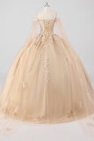 Prinsessa Champagne Off The Shoulder Cape Ärmar Tyll Quinceanera Klänning med Appliques