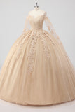 Prinsessa Champagne Off The Shoulder Cape Ärmar Tyll Quinceanera Klänning med Appliques