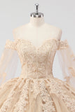 Prinsessa Champagne Off The Shoulder Cape Ärmar Tyll Quinceanera Klänning med Appliques