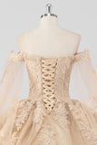Prinsessa Champagne Off The Shoulder Cape Ärmar Tyll Quinceanera Klänning med Appliques
