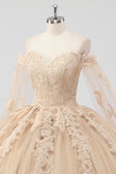 Prinsessa Champagne Off The Shoulder Cape Ärmar Tyll Quinceanera Klänning med Appliques