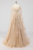 Prinsessa Champagne Off The Shoulder Cape Ärmar Tyll Quinceanera Klänning med Appliques