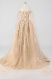 Prinsessa Champagne Off The Shoulder Cape Ärmar Tyll Quinceanera Klänning med Appliques