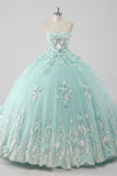 Prinsessa Mint Balklänning Axelbandslös Tyll Quinceanera Klänning med 3D Blommor