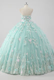 Prinsessa Mint Balklänning Axelbandslös Tyll Quinceanera Klänning med 3D Blommor