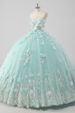 Prinsessa Mint Balklänning Axelbandslös Tyll Quinceanera Klänning med 3D Blommor