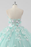 Prinsessa Mint Balklänning Axelbandslös Tyll Quinceanera Klänning med 3D Blommor