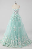 Prinsessa Mint Balklänning Axelbandslös Tyll Quinceanera Klänning med 3D Blommor