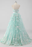 Prinsessa Mint Balklänning Axelbandslös Tyll Quinceanera Klänning med 3D Blommor