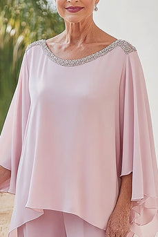 Glittrande rosa böljande långärmade pärlor Chiffong Jumpsuit för brudens mor