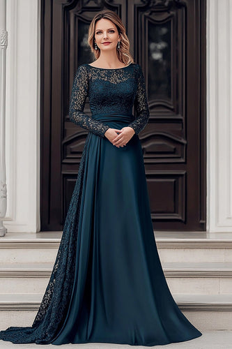 Elegant Navy Scoop A Line Satin Spets Klänning för brudens mor med långa ärmar