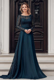 Elegant Navy Scoop A Line Satin Spets Klänning för brudens mor med långa ärmar