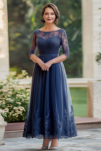 Elegant Navy Lace A Line Klänning för brudens mor med 3/4 ärmar