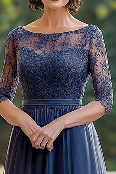 Elegant Navy Lace A Line Klänning för brudens mor med 3/4 ärmar