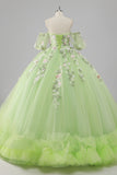 Prinsessa Citron Grön Tyll Balklänning Lång Quinceanera Klänning med Appliques