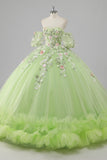 Prinsessa Citron Grön Tyll Balklänning Lång Quinceanera Klänning med Appliques