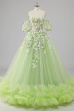 Prinsessa Citron Grön Tyll Balklänning Lång Quinceanera Klänning med Appliques