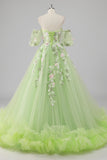 Prinsessa Citron Grön Tyll Balklänning Lång Quinceanera Klänning med Appliques