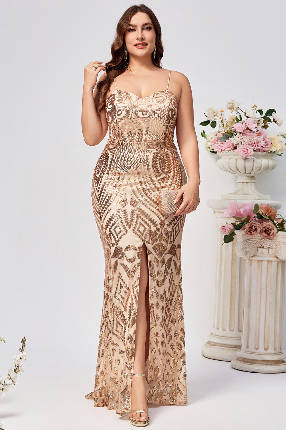 Glittrande Plus Size Golden Mermaid Paljett Broderad Lång Prom Klänning med Split