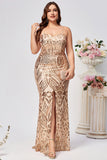Glittrande Plus Size Golden Mermaid Paljett Broderad Lång Prom Klänning med Split
