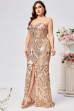 Glittrande Plus Size Golden Mermaid Paljett Broderad Lång Prom Klänning med Split