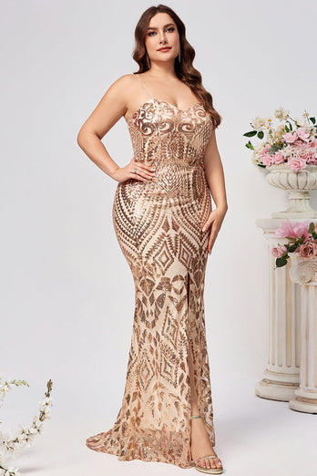 Glittrande Plus Size Golden Mermaid Paljett Broderad Lång Prom Klänning med Split