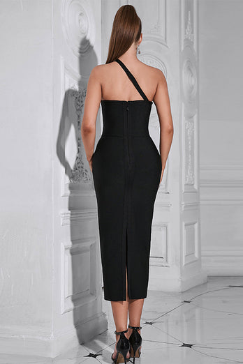 Svart One Shoulder Bodycon Lång Festklänning