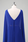 Royal Blue A Line V-ringad Chiffong Lång Mor Klänning med Bälte