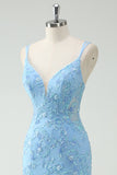Sky Blue Mermaid Spaghetti Straps applicerad lång balklänning med slits