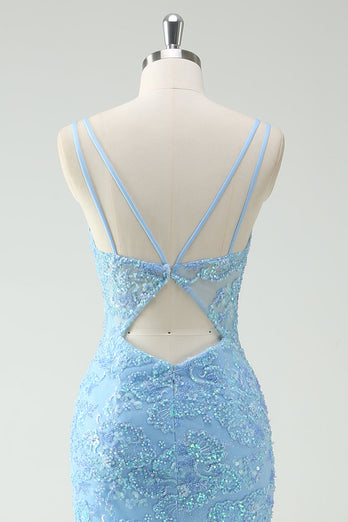 Sky Blue Mermaid Spaghetti Straps applicerad lång balklänning med slits