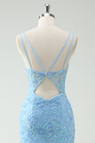 Sky Blue Mermaid Spaghetti Straps applicerad lång balklänning med slits