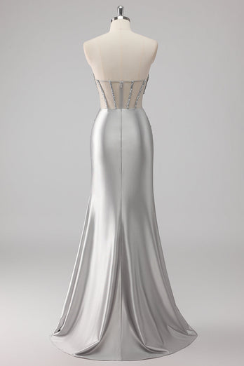 Grå pärlstav axelbandslös Satin Mermaid Lång Balklänning med slits