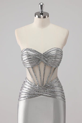 Grå pärlstav axelbandslös Satin Mermaid Lång Balklänning med slits