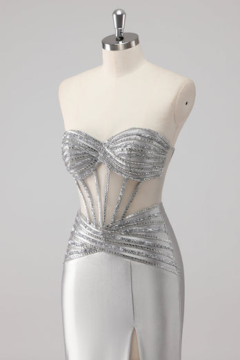 Grå pärlstav axelbandslös Satin Mermaid Lång Balklänning med slits
