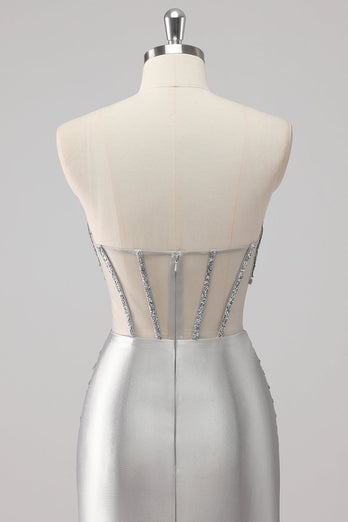 Grå pärlstav axelbandslös Satin Mermaid Lång Balklänning med slits