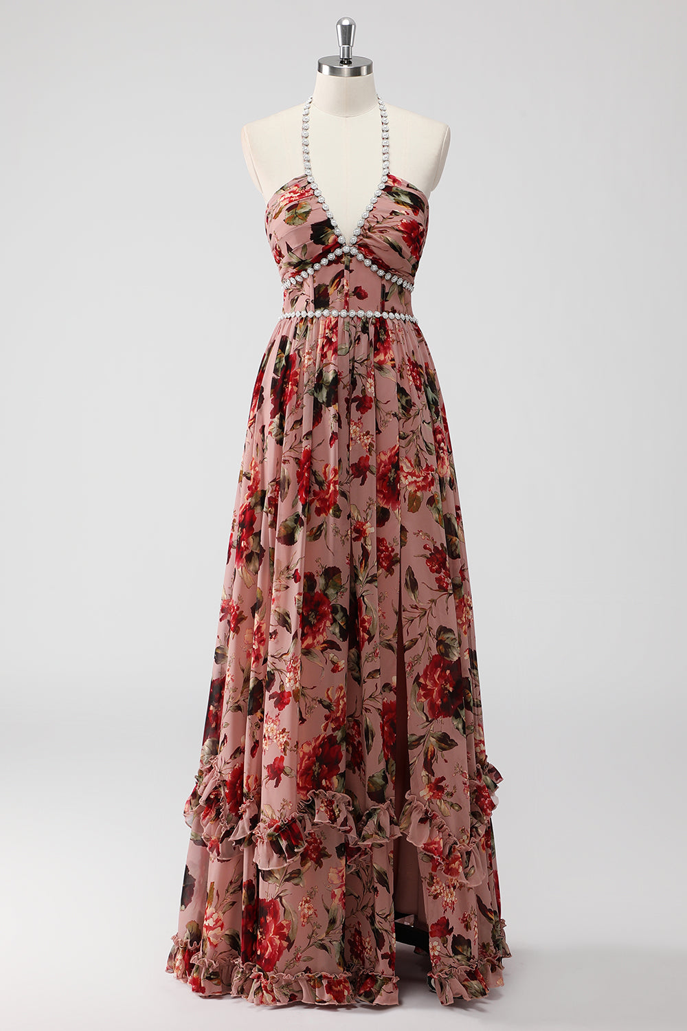Dusty Rose Halter Blommor En linje Bröllop gäst klänning med slits