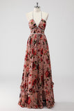 Dusty Rose Halter Blommor En linje Bröllop gäst klänning med slits