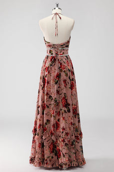 Dusty Rose Halter Blommor En linje Bröllop gäst klänning med slits