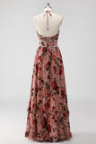 Dusty Rose Halter Blommor En linje Bröllop gäst klänning med slits
