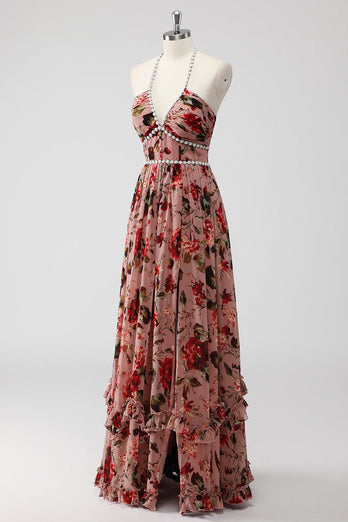 Dusty Rose Halter Blommor En linje Bröllop gäst klänning med slits