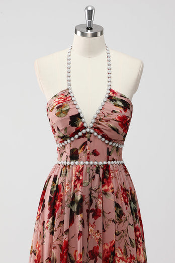 Dusty Rose Halter Blommor En linje Bröllop gäst klänning med slits