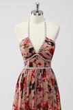 Dusty Rose Halter Blommor En linje Bröllop gäst klänning med slits