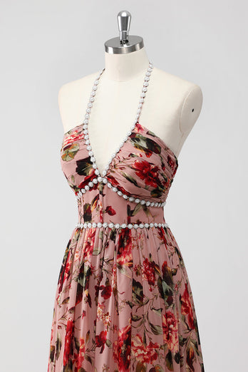 Dusty Rose Halter Blommor En linje Bröllop gäst klänning med slits