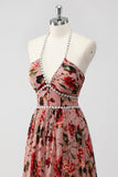Dusty Rose Halter Blommor En linje Bröllop gäst klänning med slits