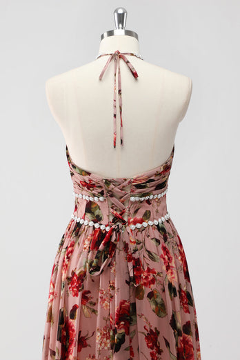 Dusty Rose Halter Blommor En linje Bröllop gäst klänning med slits