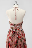 Dusty Rose Halter Blommor En linje Bröllop gäst klänning med slits