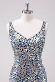 Glittrande Silver Bodycon V-ringad Kort Homecoming Klänning med Paljetter